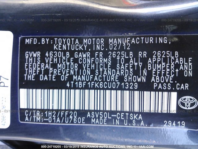 4T1BF1FK6CU071329 - 2012 TOYOTA CAMRY SE/LE/XLE BLACK photo 9