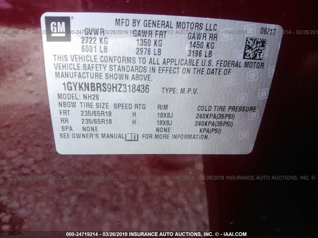 1GYKNBRS9HZ318436 - 2017 CADILLAC XT5 LUXURY RED photo 9