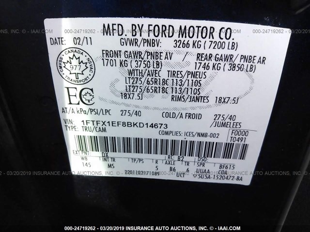 1FTFX1EF8BKD14673 - 2011 FORD F150 SUPER CAB BLUE photo 9