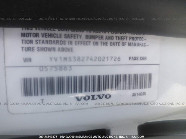 YV1MS382742021726 - 2004 VOLVO S40 2.4I WHITE photo 9