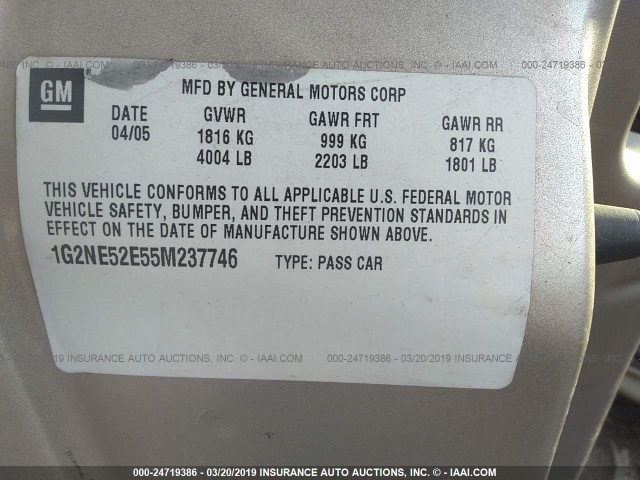 1G2NE52E55M237746 - 2005 PONTIAC GRAND AM SE GOLD photo 9