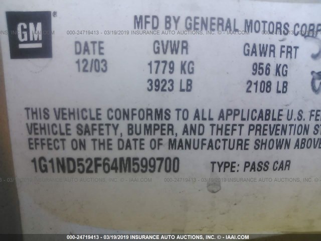 1G1ND52F64M599700 - 2004 CHEVROLET CLASSIC GOLD photo 9