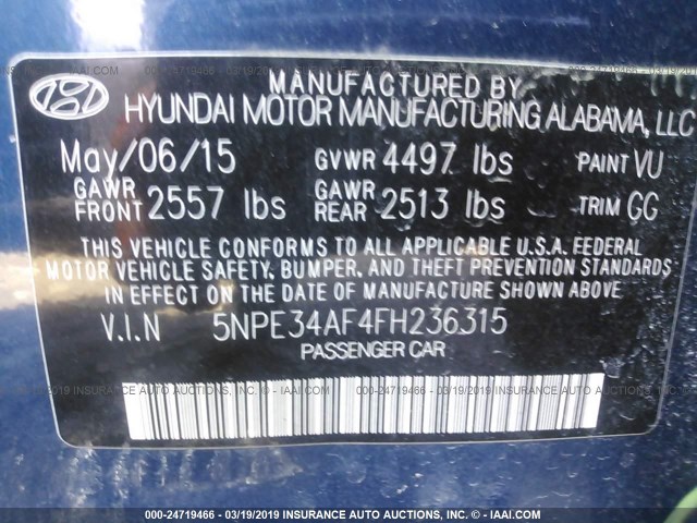 5NPE34AF4FH236315 - 2015 HYUNDAI SONATA SPORT/LIMITED BLUE photo 9