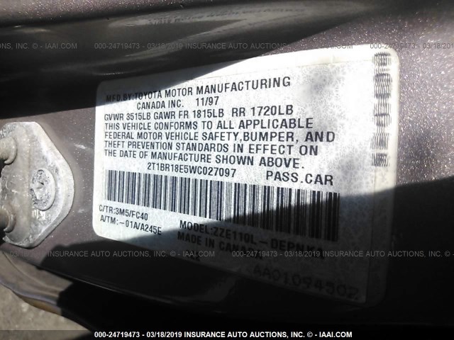 2T1BR18E5WC027097 - 1998 TOYOTA COROLLA VE/CE/LE 棕色 照片 9