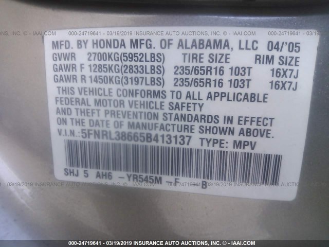 5FNRL38665B413137 - 2005 HONDA ODYSSEY EXL GOLD photo 9