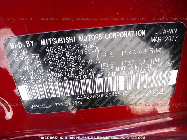 JA4AZ3A30HZ045588 - 2017 MITSUBISHI OUTLANDER SE/SEL RED photo 9