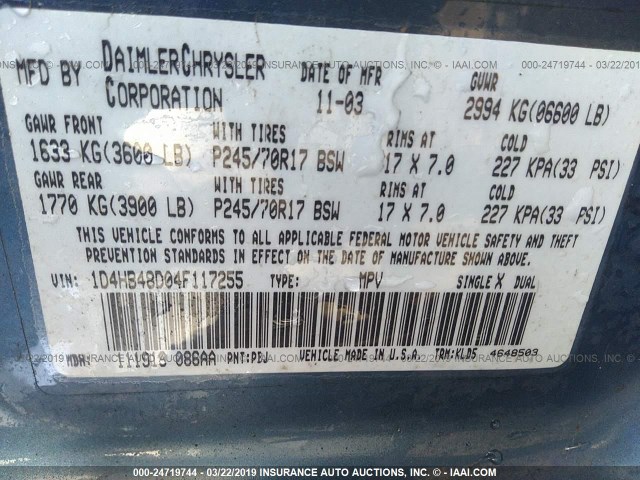 1D4HB48D04F117255 - 2004 DODGE DURANGO SLT BLUE photo 9