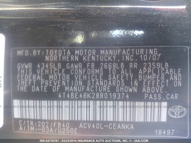 4T4BE46K28R019374 - 2008 TOYOTA CAMRY CE/LE/XLE/SE 黑色 照片 9