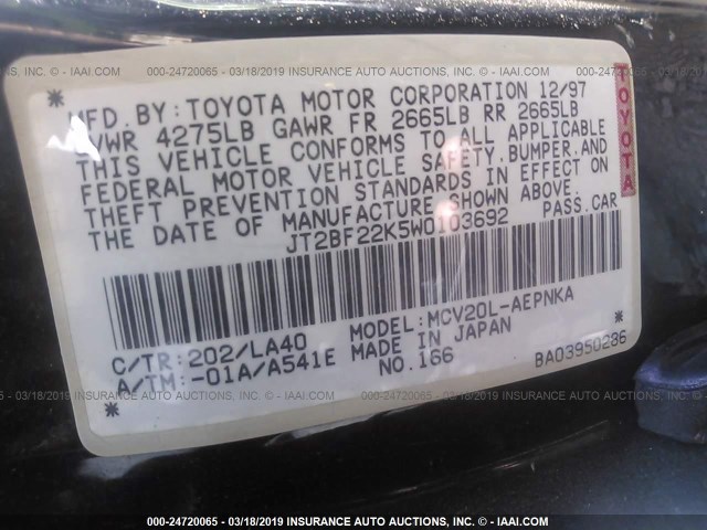 JT2BF22K5W0103692 - 1998 TOYOTA CAMRY CE/LE/XLE BLACK photo 9