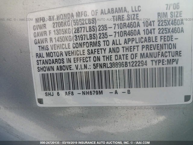 5FNRL38896B122294 - 2006 HONDA ODYSSEY TOURING BLUE photo 9