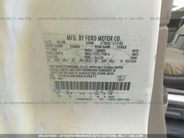 1FMCU49389KA38577 - 2009 FORD ESCAPE HYBRID WHITE photo 9