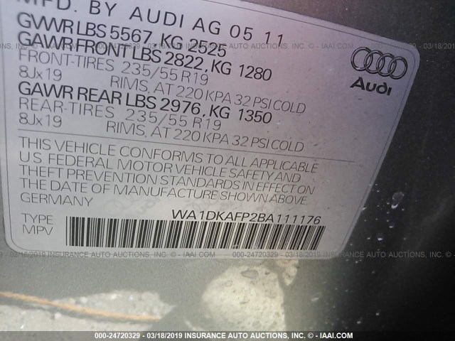 WA1DKAFP2BA111176 - 2011 AUDI Q5 PREMIUM PLUS SILVER photo 9