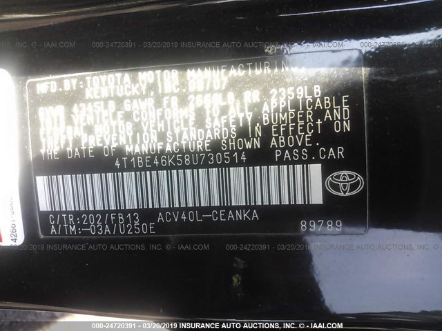 4T1BE46K58U730514 - 2008 TOYOTA CAMRY CE/LE/XLE/SE BLACK photo 9