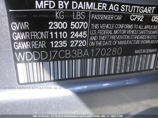 WDDDJ7CB3BA170280 - 2011 MERCEDES-BENZ CLS 550 SILVER photo 9