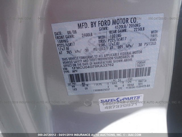 1FMCU04G79KA33762 - 2009 FORD ESCAPE LIMITED WHITE photo 9