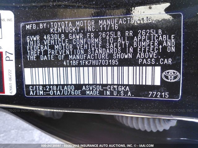 4T1BF1FK7HU703195 - 2017 TOYOTA CAMRY LE/XLE/SE/XSE GRAY photo 9