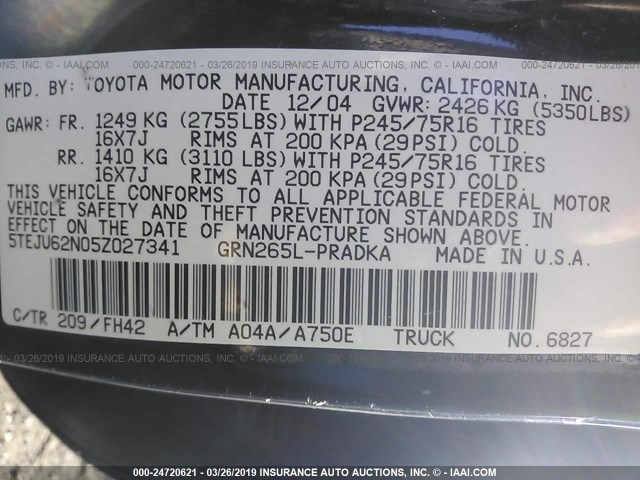 5TEJU62N05Z027341 - 2005 TOYOTA TACOMA DOUBLE CAB PRERUNNER BLACK photo 9