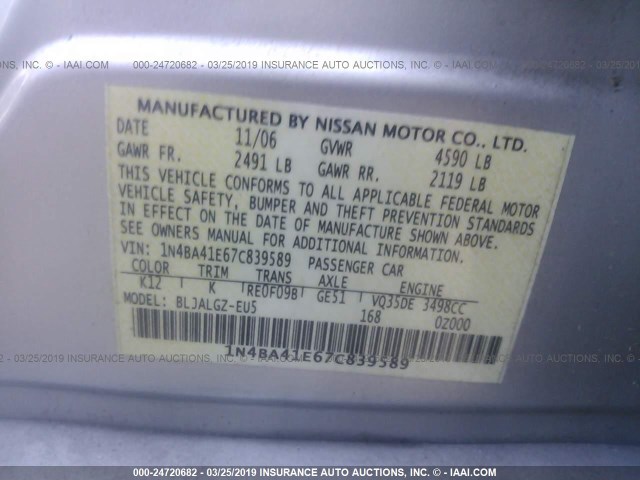 1N4BA41E67C839589 - 2007 NISSAN MAXIMA SE/SL SILVER photo 9