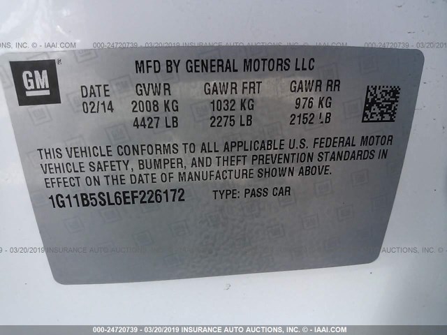 1G11B5SL6EF226172 - 2014 CHEVROLET MALIBU LS WHITE photo 9