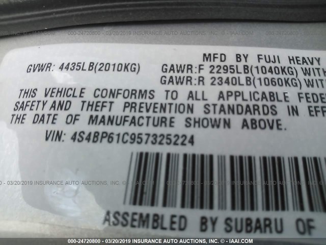 4S4BP61C957325224 - 2005 SUBARU LEGACY OUTBACK 2.5I SILVER photo 9