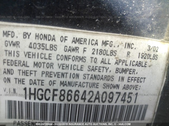 1HGCF86642A097451 - 2002 HONDA ACCORD VALUE BLACK photo 9