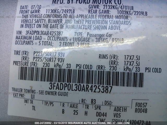 3FADP0L30AR425387 - 2010 FORD FUSION HYBRID SILVER photo 9