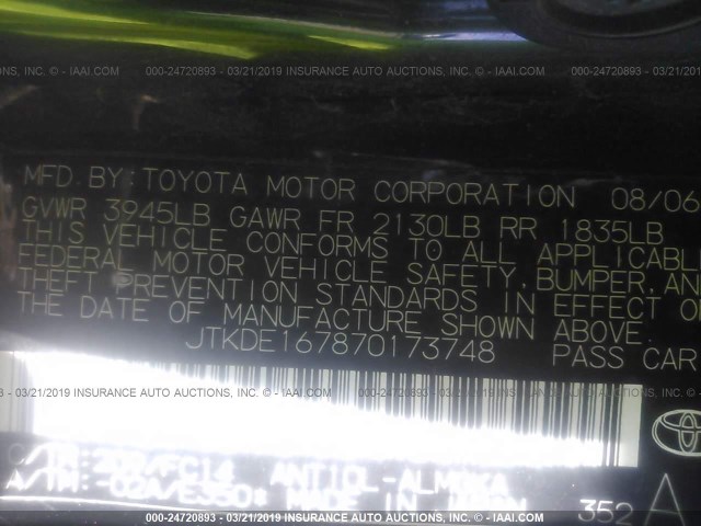 JTKDE167870173748 - 2007 TOYOTA SCION TC შავი ფოტო 9