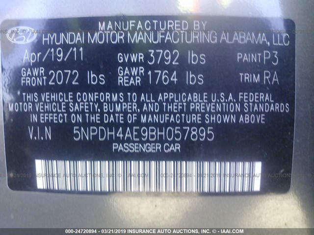 5NPDH4AE9BH057895 - 2011 HYUNDAI ELANTRA GLS/LIMITED GRAY photo 9