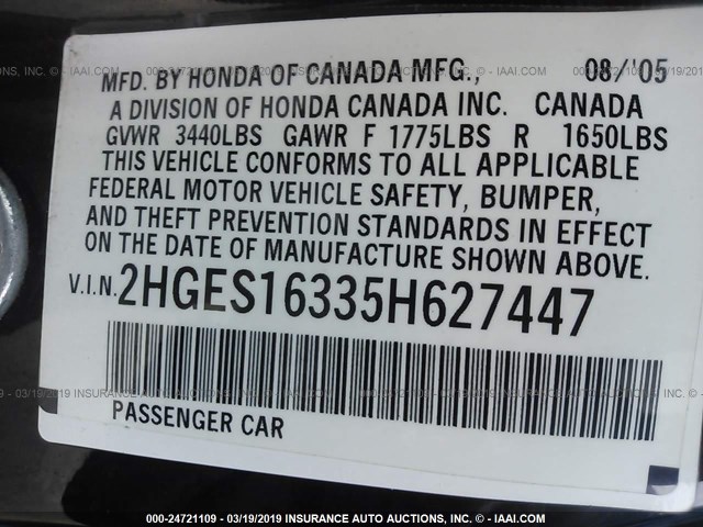 2HGES16335H627447 - 2005 HONDA CIVIC DX VP 黑色 照片 9