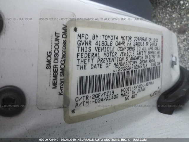 JT2BG22K510549718 - 2001 TOYOTA CAMRY CE/LE/XLE WHITE photo 9