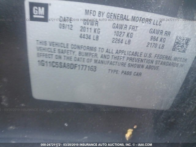 1G11C5SA8DF177163 - 2013 CHEVROLET MALIBU 1LT ნაცრისფერი ფოტო 9