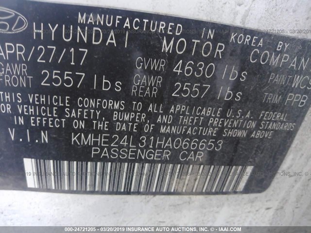 KMHE24L31HA066653 - 2017 HYUNDAI SONATA HYBRID/SE WHITE photo 9