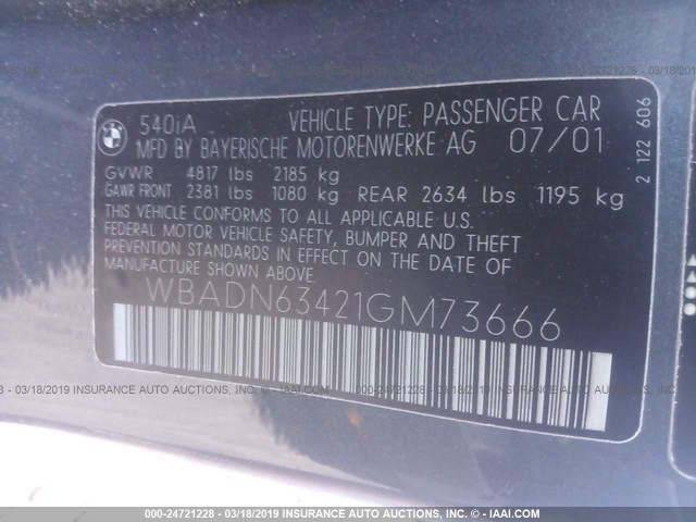 WBADN63421GM73666 - 2001 BMW 540 I AUTOMATIC Szary zdjęcie 9