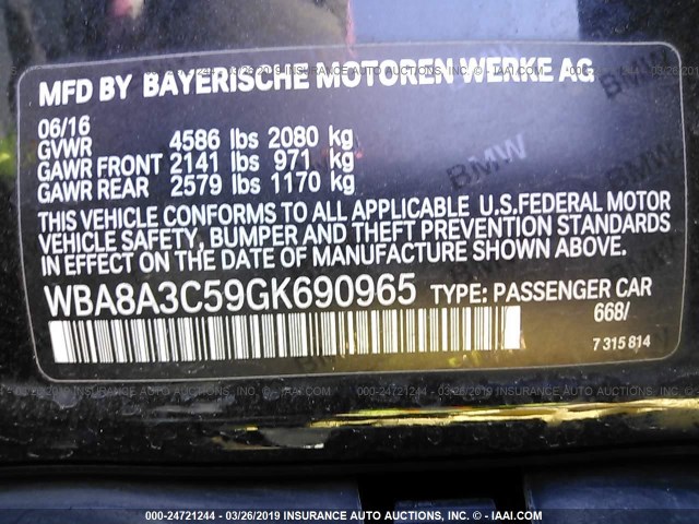 WBA8A3C59GK690965 - 2016 BMW 320 XI BLACK photo 9