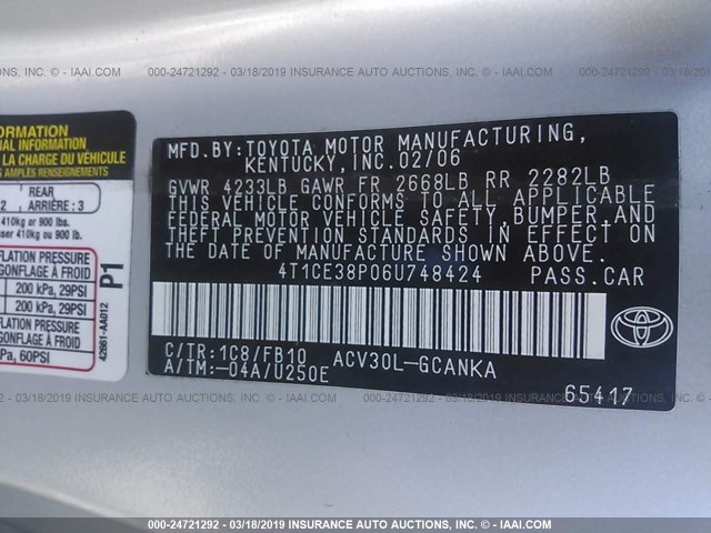 4T1CE38P06U748424 - 2006 TOYOTA CAMRY SOLARA SE/SLE 银色 照片 9