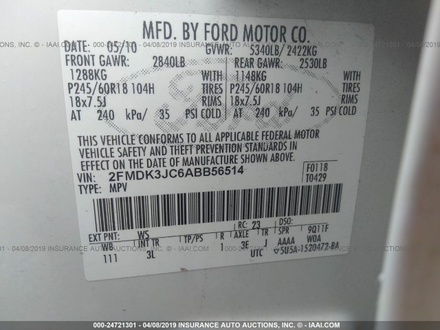 2FMDK3JC6ABB56514 - 2010 FORD EDGE SEL TURQUOISE photo 9