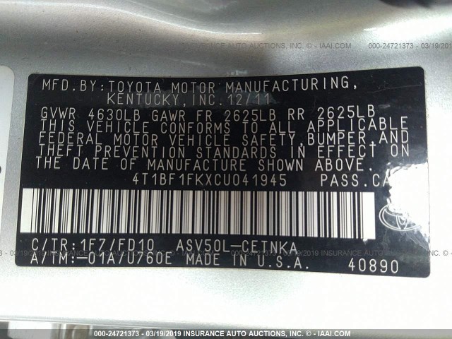 4T1BF1FKXCU041945 - 2012 TOYOTA CAMRY SE/LE/XLE SILVER photo 9