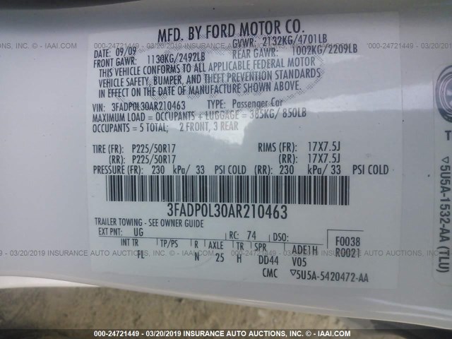 3FADP0L30AR210463 - 2010 FORD FUSION HYBRID WHITE photo 9