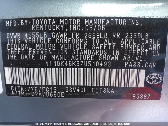 4T1BK46K97U510493 - 2007 TOYOTA CAMRY NEW GENERAT LE/XLE/SE TEAL photo 9