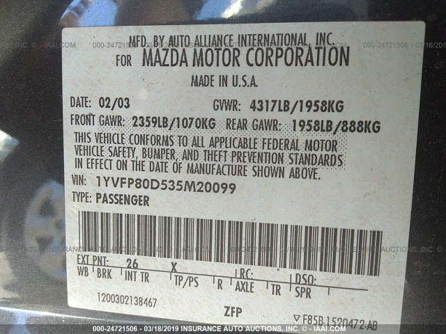 1YVFP80D535M20099 - 2003 MAZDA 6 S GRAY photo 9