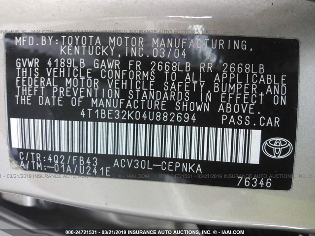 4T1BE32K04U882694 - 2004 TOYOTA CAMRY LE/XLE/SE TAN photo 9