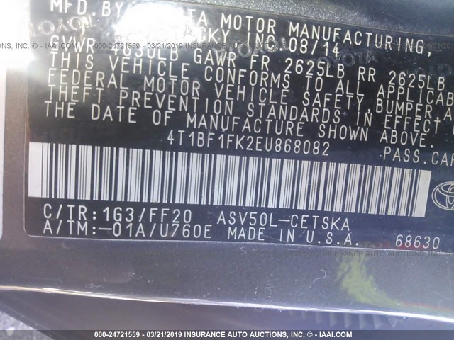 4T1BF1FK2EU868082 - 2014 TOYOTA CAMRY L/SE/LE/XLE Boz foto 9