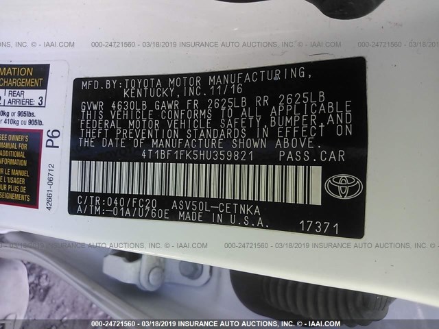 4T1BF1FK5HU359821 - 2017 TOYOTA CAMRY LE/XLE/SE/XSE WHITE photo 9
