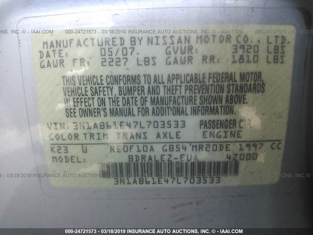 3N1AB61E47L703533 - 2007 NISSAN SENTRA 2.0/2.0S/2.0SL GRAY photo 9