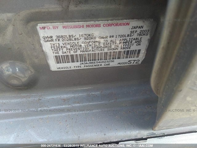 JA3AJ86E54U023256 - 2004 MITSUBISHI LANCER OZ RALLY GRAY photo 9