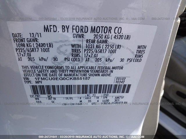 1FMCU0EG0CKB55157 - 2012 FORD ESCAPE LIMITED WHITE photo 9