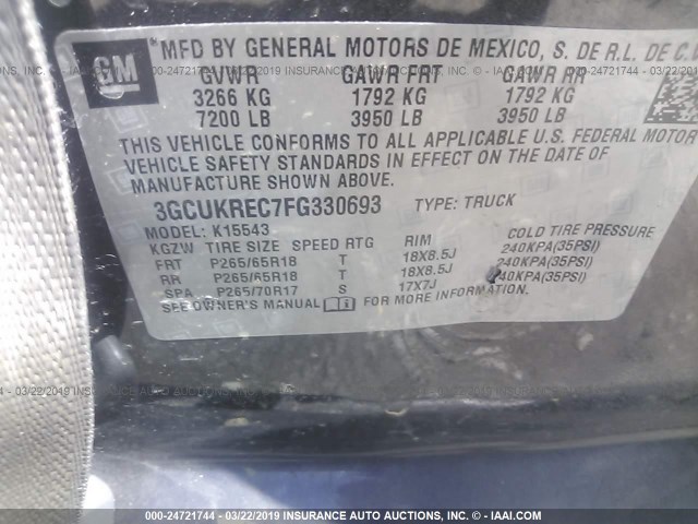 3GCUKREC7FG330693 - 2015 CHEVROLET SILVERADO K1500 LT GRAY photo 9