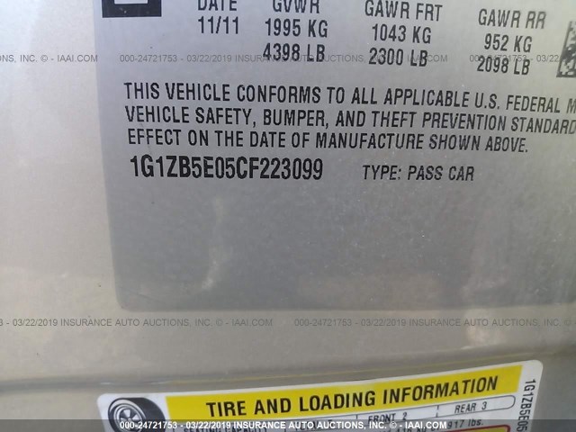 1G1ZB5E05CF223099 - 2012 CHEVROLET MALIBU LS GOLD photo 9