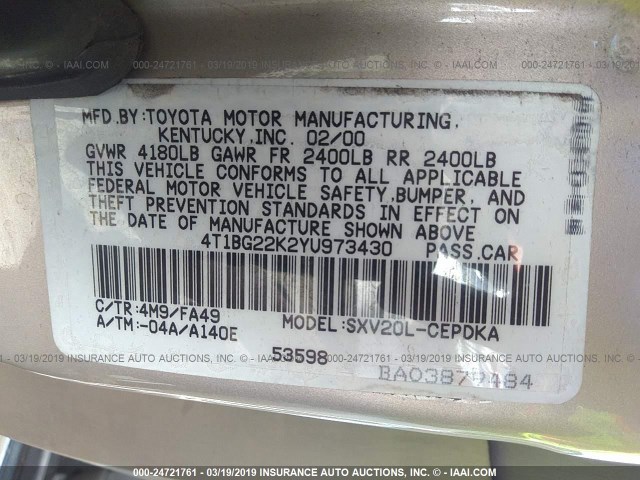 4T1BG22K2YU973430 - 2000 TOYOTA CAMRY CE/LE/XLE 金色 照片 9