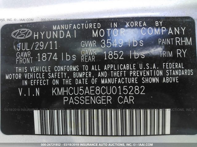 KMHCU5AE8CU015282 - 2012 HYUNDAI ACCENT GLS/GS/SE SILVER photo 9